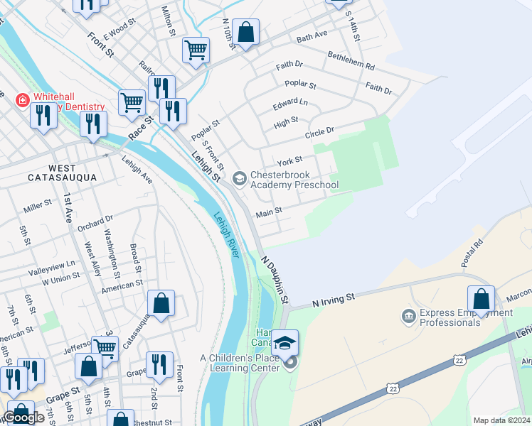 map of restaurants, bars, coffee shops, grocery stores, and more near 136 Main Street in Catasauqua