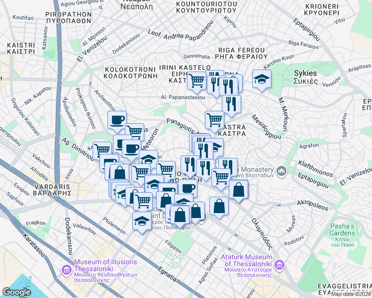 map of restaurants, bars, coffee shops, grocery stores, and more near in Thessaloniki