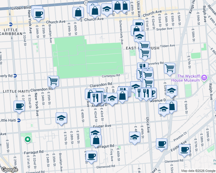 map of restaurants, bars, coffee shops, grocery stores, and more near 4410 Clarendon Road in Brooklyn