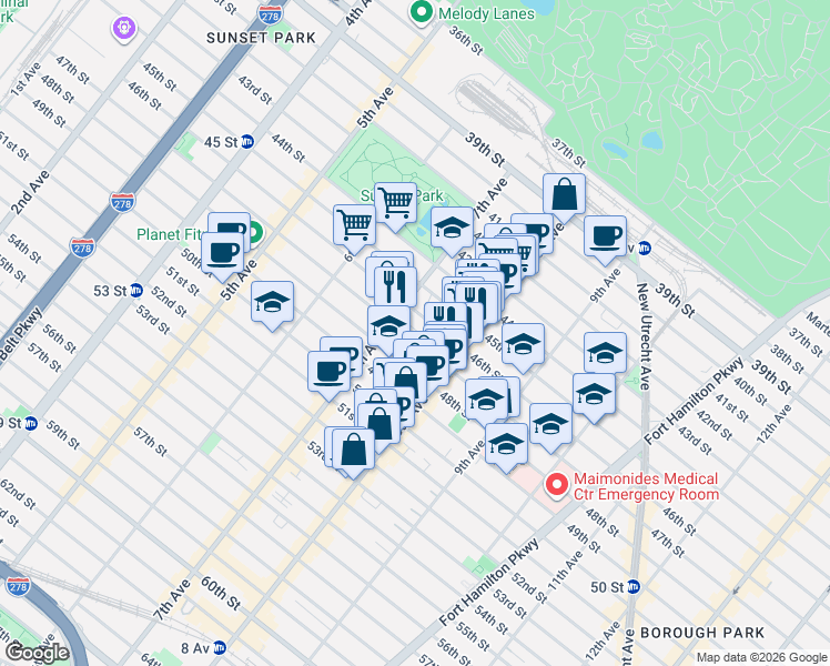 map of restaurants, bars, coffee shops, grocery stores, and more near 742 46th Street in Brooklyn