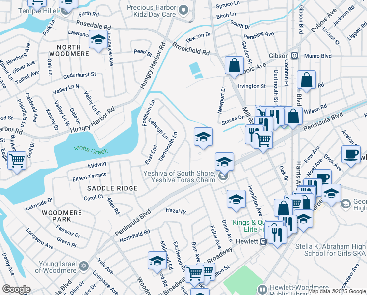 map of restaurants, bars, coffee shops, grocery stores, and more near 1013 South End in Woodmere