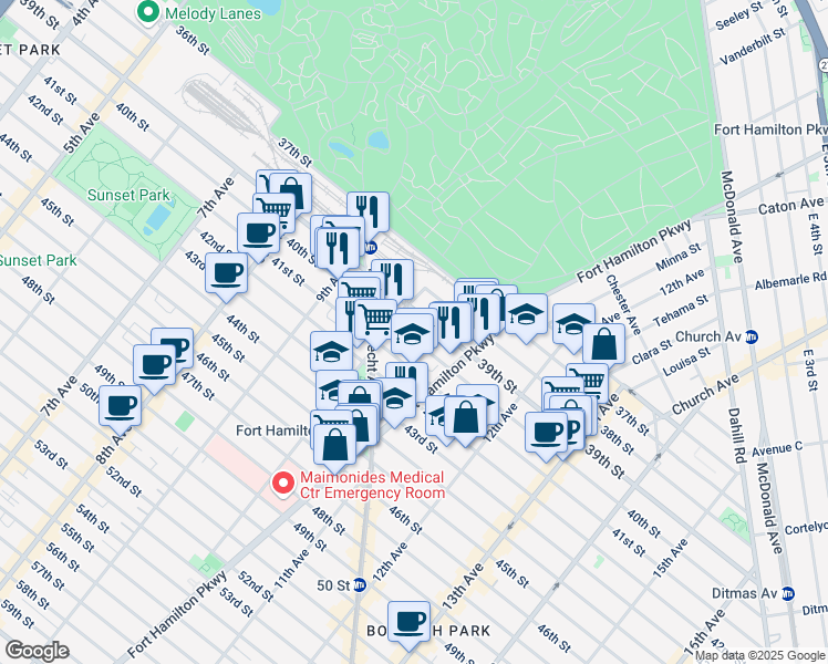 map of restaurants, bars, coffee shops, grocery stores, and more near 1036 39th Street in Brooklyn