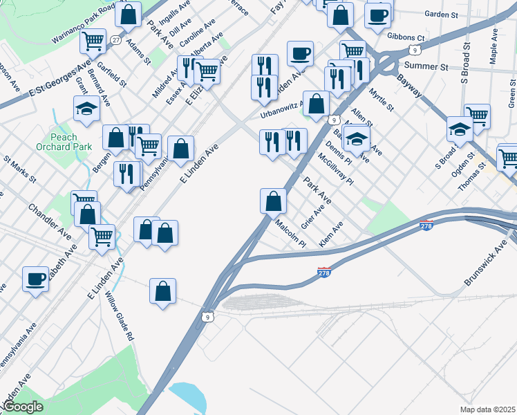 map of restaurants, bars, coffee shops, grocery stores, and more near 1900 East Linden Avenue in Linden