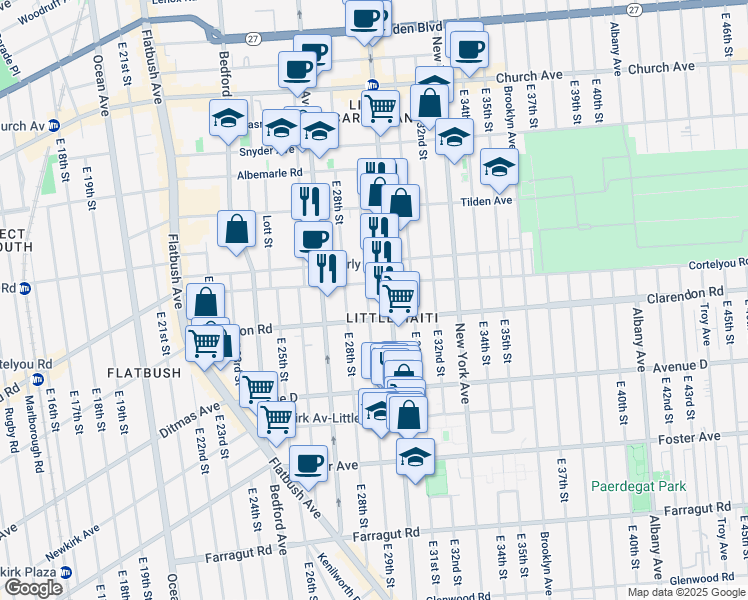 map of restaurants, bars, coffee shops, grocery stores, and more near 251 East 29th Street in Brooklyn