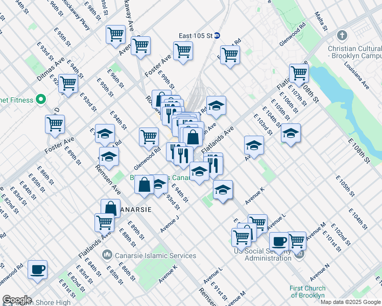 map of restaurants, bars, coffee shops, grocery stores, and more near 9719 Flatlands Avenue in Brooklyn