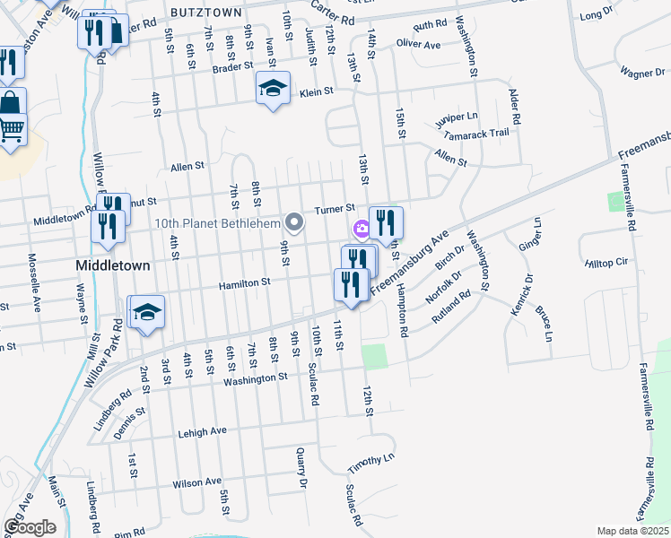 map of restaurants, bars, coffee shops, grocery stores, and more near 1904 11th Street in Bethlehem