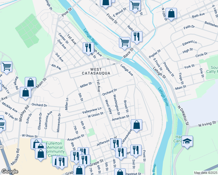 map of restaurants, bars, coffee shops, grocery stores, and more near 2162 Columbia Avenue in Whitehall