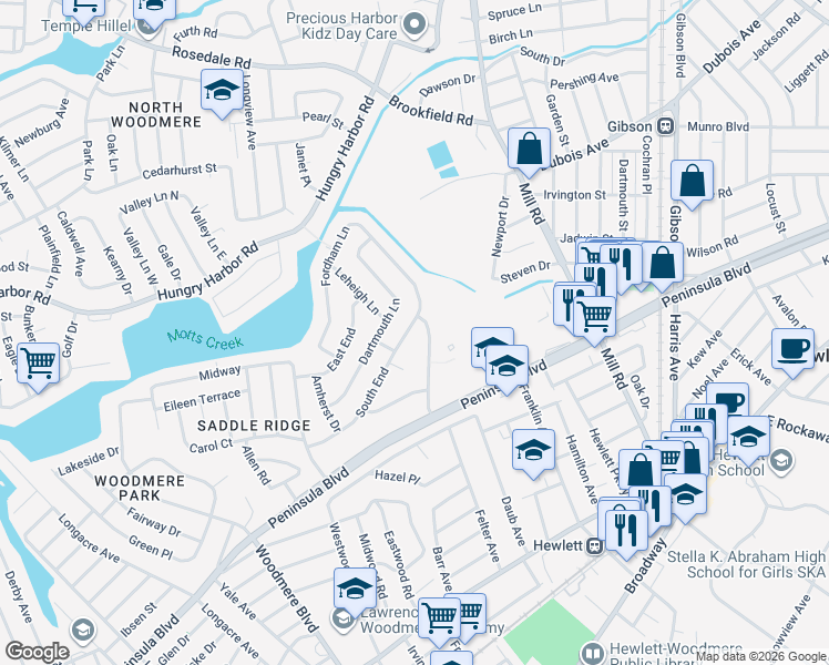 map of restaurants, bars, coffee shops, grocery stores, and more near 1013 South End in Woodmere