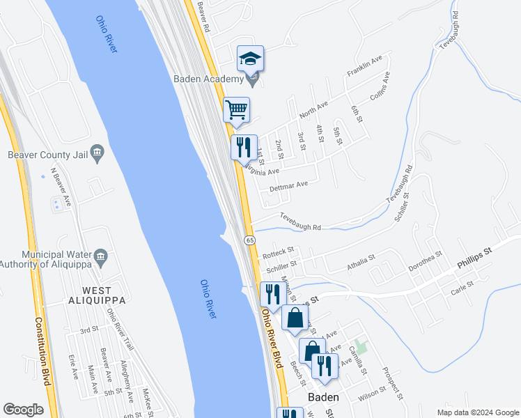 map of restaurants, bars, coffee shops, grocery stores, and more near 825 Riverview Avenue in Baden