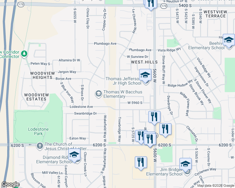 map of restaurants, bars, coffee shops, grocery stores, and more near 5897 Trowbridge Way in Kearns