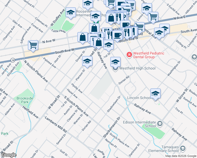 map of restaurants, bars, coffee shops, grocery stores, and more near 502 Codding Road in Westfield