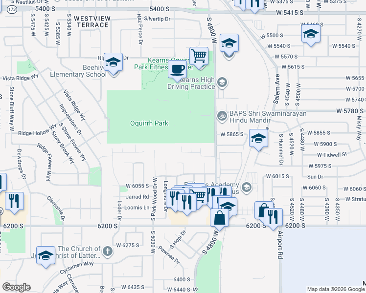 map of restaurants, bars, coffee shops, grocery stores, and more near 5907 South Crown Park Cove in Kearns