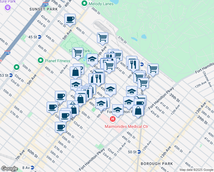 map of restaurants, bars, coffee shops, grocery stores, and more near 832 44th Street in Brooklyn