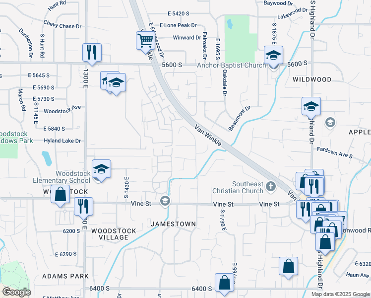 map of restaurants, bars, coffee shops, grocery stores, and more near 1620 Deauville Avenue in Murray