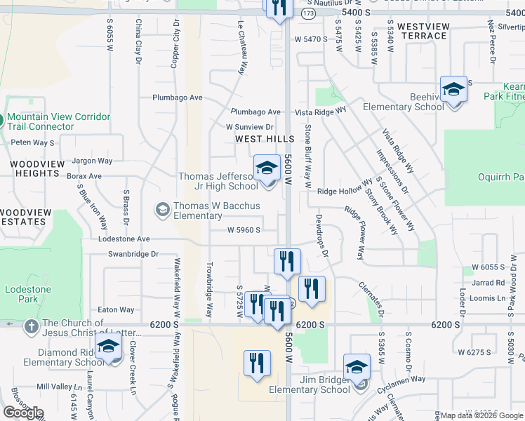 map of restaurants, bars, coffee shops, grocery stores, and more near 5664 West 5930 South in Salt Lake City