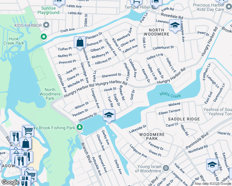 map of restaurants, bars, coffee shops, grocery stores, and more near 765 Bunker Road in Valley Stream