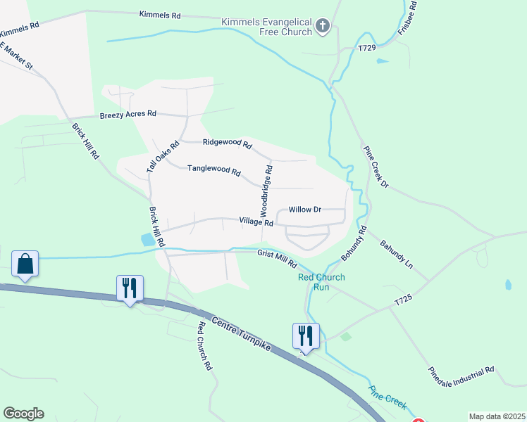 map of restaurants, bars, coffee shops, grocery stores, and more near Woodbridge Road in Orwigsburg