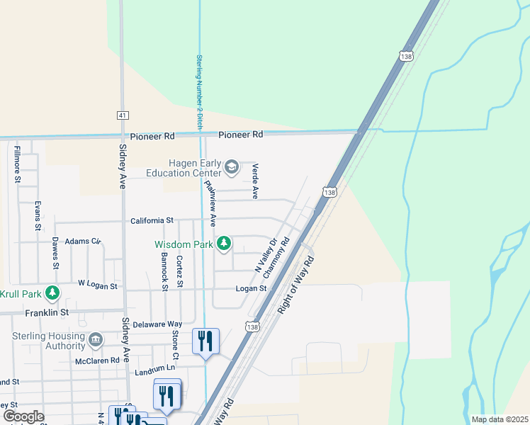 map of restaurants, bars, coffee shops, grocery stores, and more near 220 California Street in Sterling