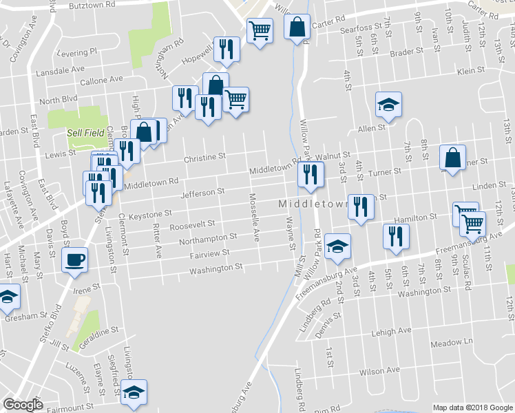 map of restaurants, bars, coffee shops, grocery stores, and more near 3102 Keystone Street in Bethlehem