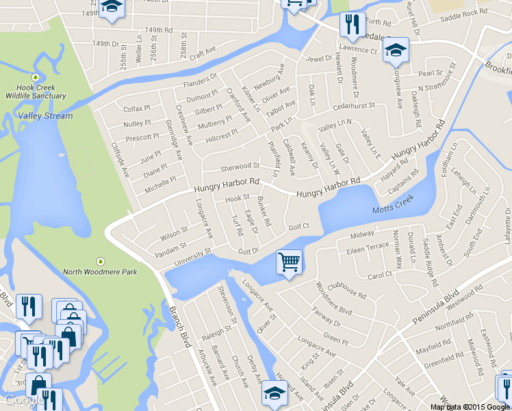 map of restaurants, bars, coffee shops, grocery stores, and more near 765 Bunker Road in Valley Stream