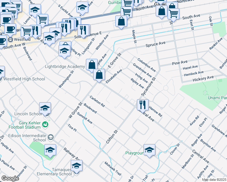 map of restaurants, bars, coffee shops, grocery stores, and more near 111 Laurel Place in Westfield