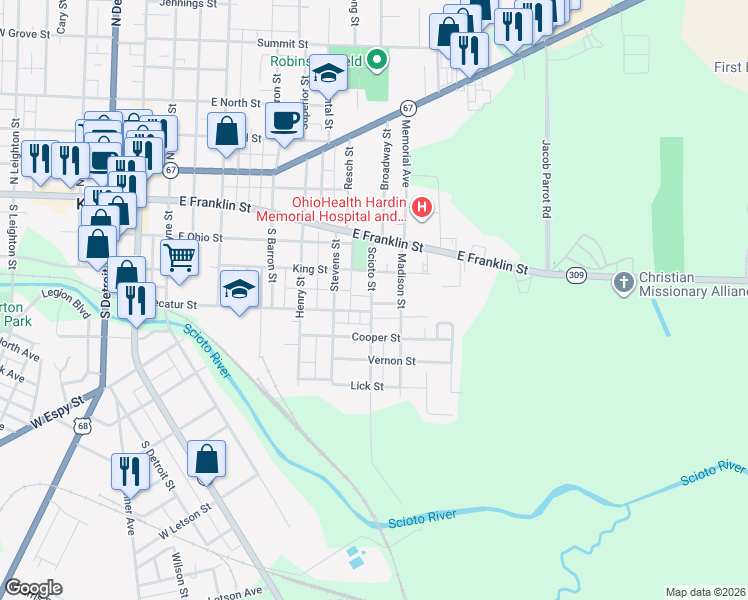map of restaurants, bars, coffee shops, grocery stores, and more near 345 Scioto Street in Kenton
