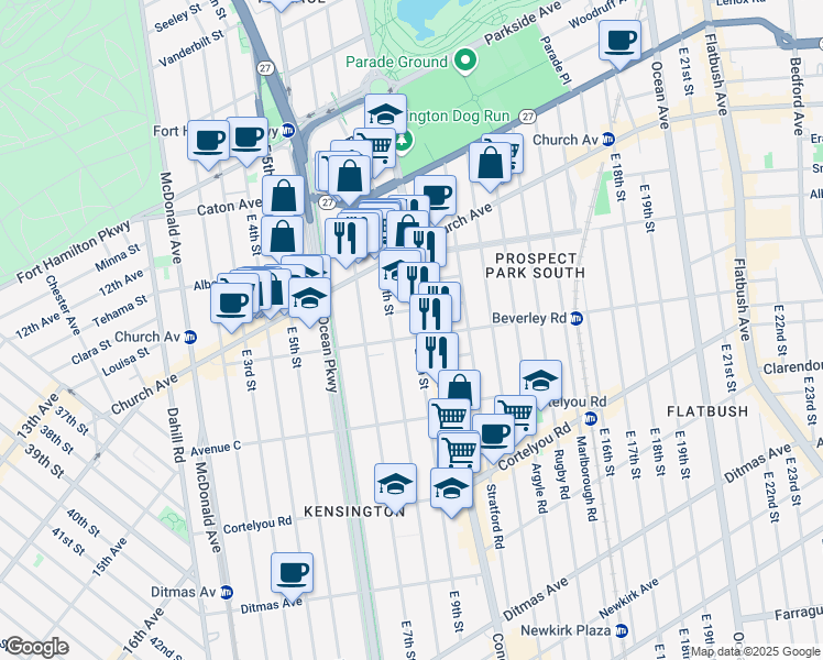 map of restaurants, bars, coffee shops, grocery stores, and more near 823 Beverley Road in Brooklyn