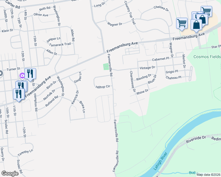 map of restaurants, bars, coffee shops, grocery stores, and more near 4390 Hilltop Circle in Bethlehem