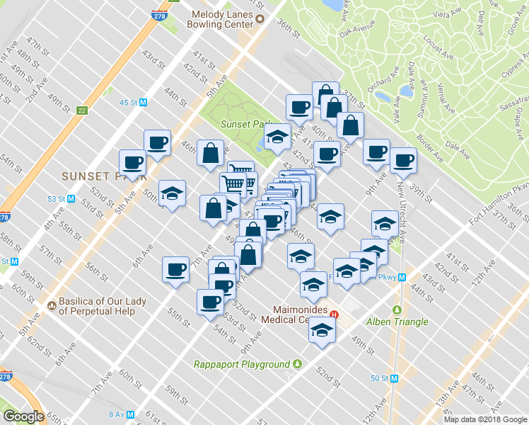 map of restaurants, bars, coffee shops, grocery stores, and more near 742 46th Street in Brooklyn