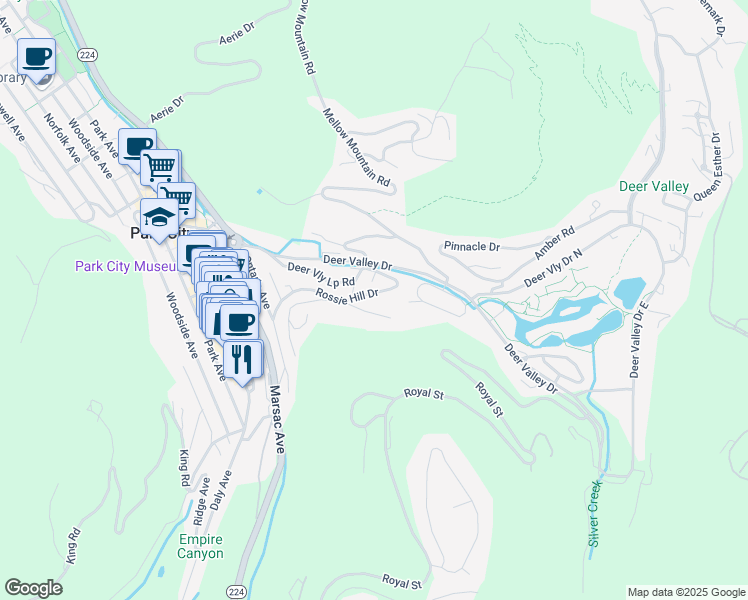 map of restaurants, bars, coffee shops, grocery stores, and more near 650 Rossie Hill Drive in Park City