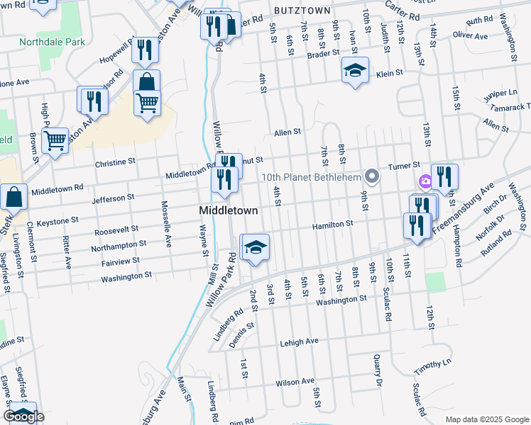 map of restaurants, bars, coffee shops, grocery stores, and more near 1930 3rd Street in Bethlehem