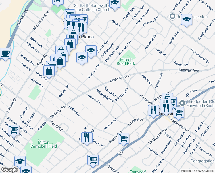 map of restaurants, bars, coffee shops, grocery stores, and more near 140 Russell Road in Fanwood