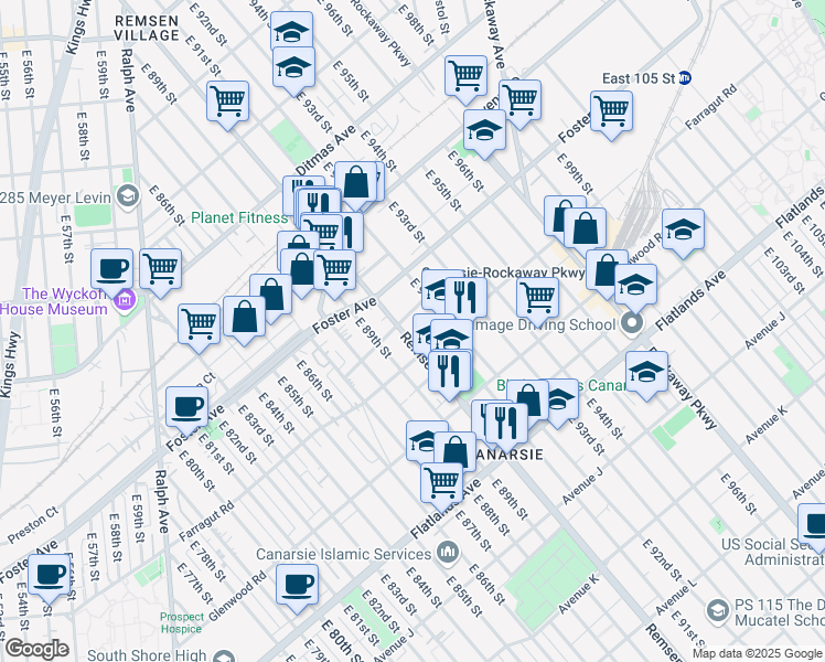 map of restaurants, bars, coffee shops, grocery stores, and more near 1023 Remsen Avenue in Brooklyn