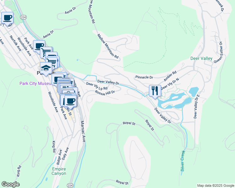 map of restaurants, bars, coffee shops, grocery stores, and more near 650 Rossie Hill Drive in Park City