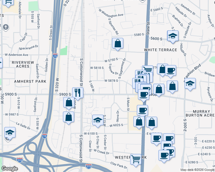 map of restaurants, bars, coffee shops, grocery stores, and more near 5888 Sam Oliver Drive in Salt Lake City
