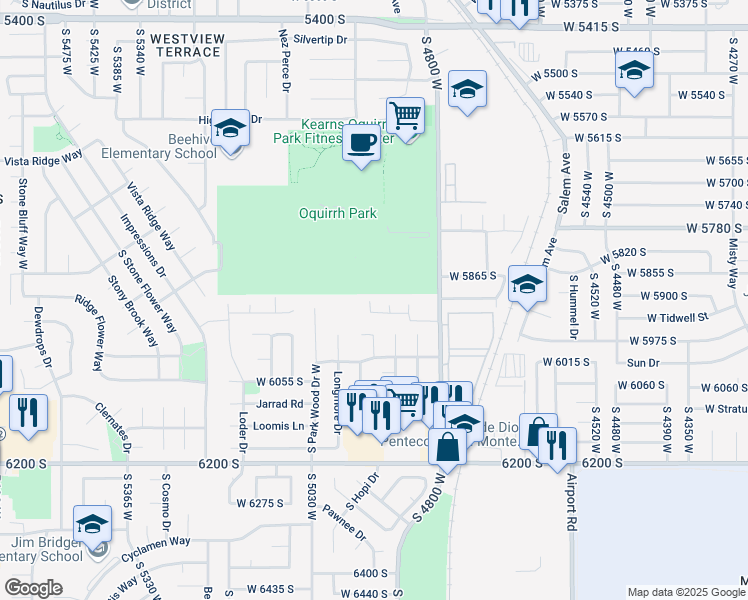 map of restaurants, bars, coffee shops, grocery stores, and more near 5944 Cougar Lane in Kearns