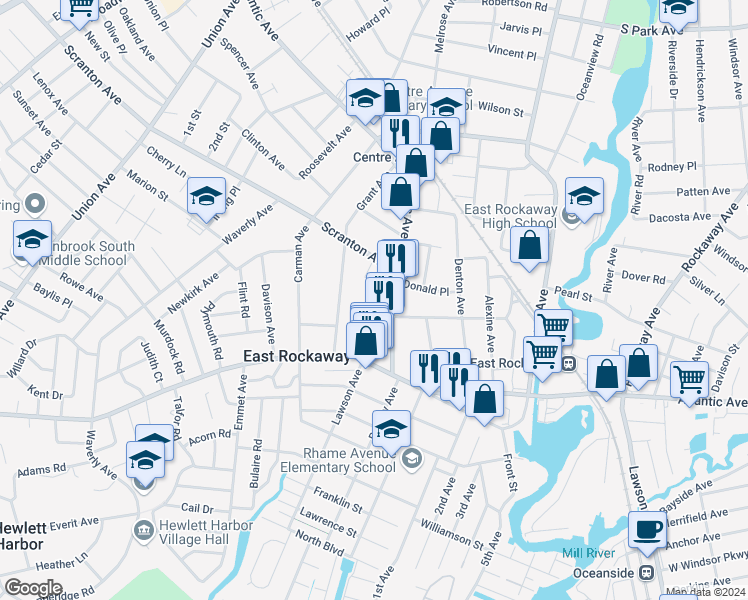 map of restaurants, bars, coffee shops, grocery stores, and more near 42 Waldo Avenue in East Rockaway