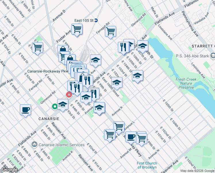 map of restaurants, bars, coffee shops, grocery stores, and more near 954 East 100th Street in Brooklyn