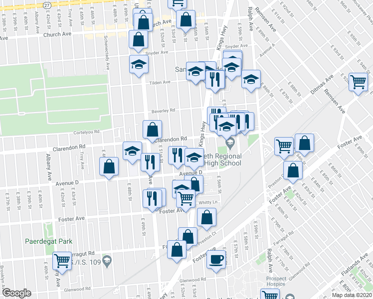 map of restaurants, bars, coffee shops, grocery stores, and more near 586 East 54th Street in Brooklyn