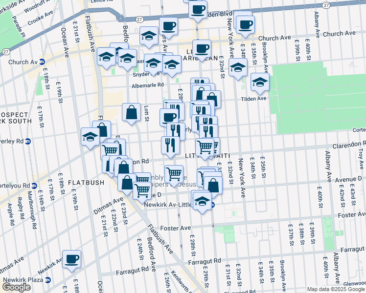 map of restaurants, bars, coffee shops, grocery stores, and more near 1069 Rogers Avenue in Brooklyn