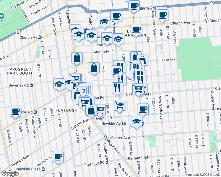 map of restaurants, bars, coffee shops, grocery stores, and more near 2516 Cortelyou Road in Brooklyn