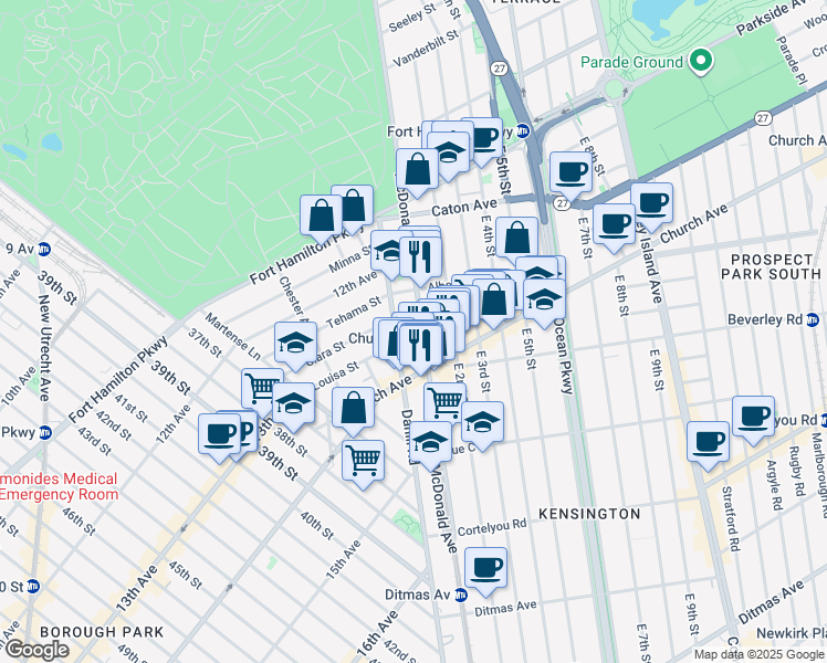 map of restaurants, bars, coffee shops, grocery stores, and more near 412 McDonald Avenue in Brooklyn