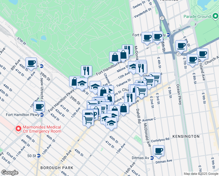 map of restaurants, bars, coffee shops, grocery stores, and more near 60 Chester Avenue in Brooklyn