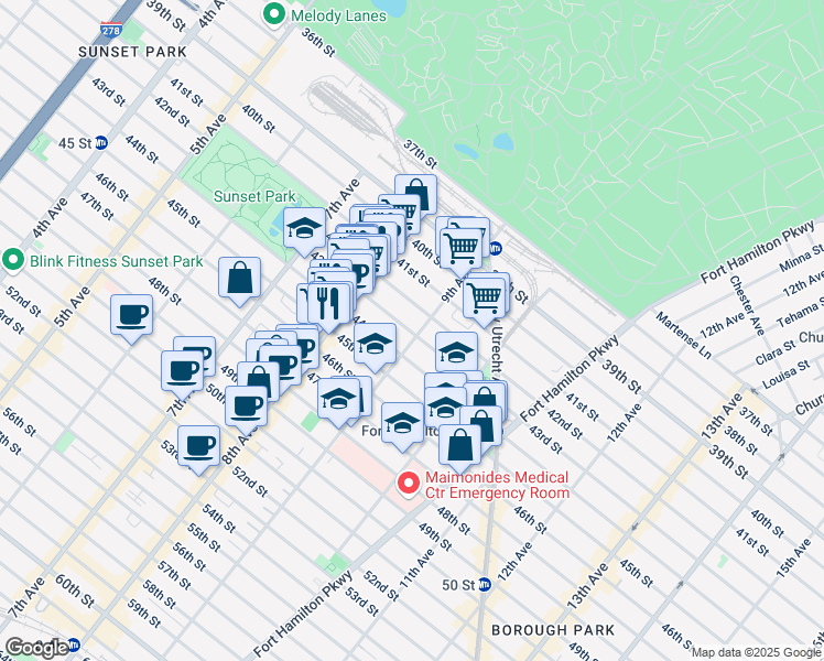 map of restaurants, bars, coffee shops, grocery stores, and more near 872 43rd Street in Brooklyn