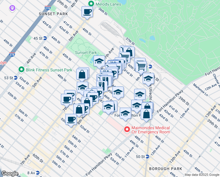 map of restaurants, bars, coffee shops, grocery stores, and more near 832 44th Street in Brooklyn