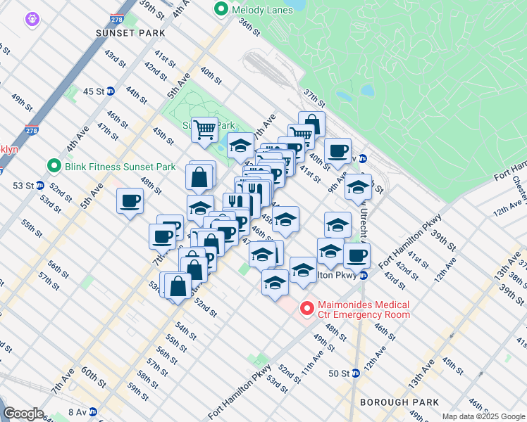 map of restaurants, bars, coffee shops, grocery stores, and more near 4424 8th Avenue in Brooklyn