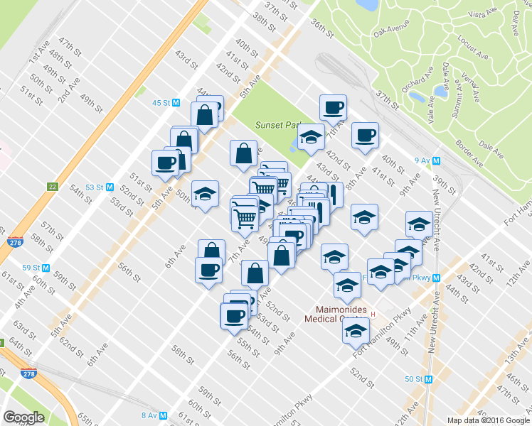 map of restaurants, bars, coffee shops, grocery stores, and more near 712 47th Street in Brooklyn