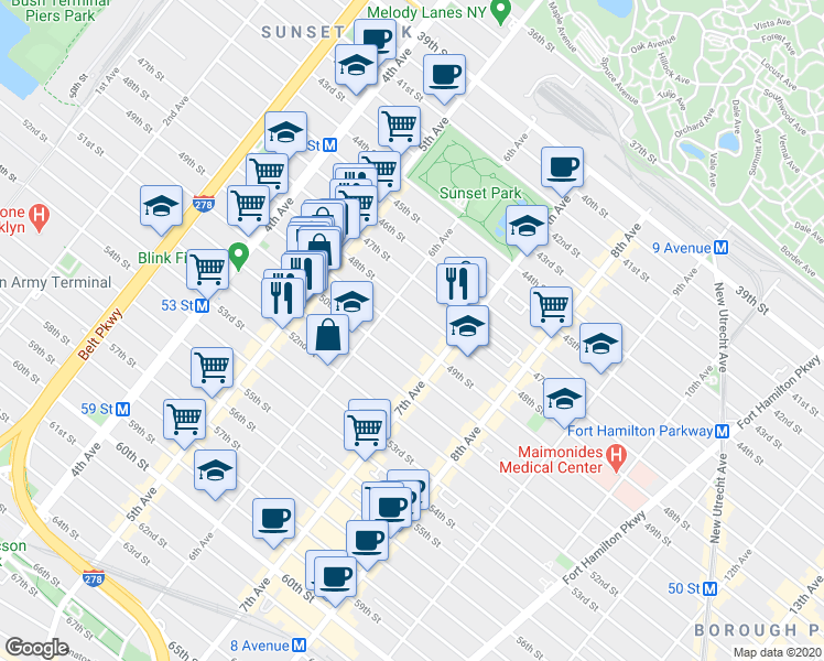map of restaurants, bars, coffee shops, grocery stores, and more near 619 49th Street in Brooklyn
