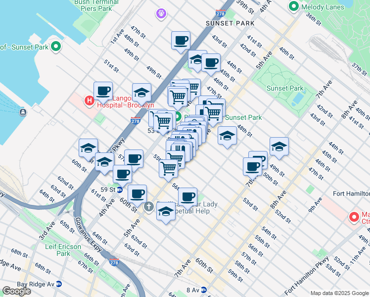 map of restaurants, bars, coffee shops, grocery stores, and more near 5304-5308 5th Avenue in Brooklyn