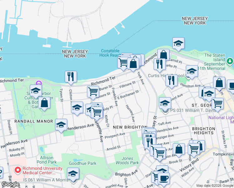 map of restaurants, bars, coffee shops, grocery stores, and more near 46 Franklin Avenue in Staten Island